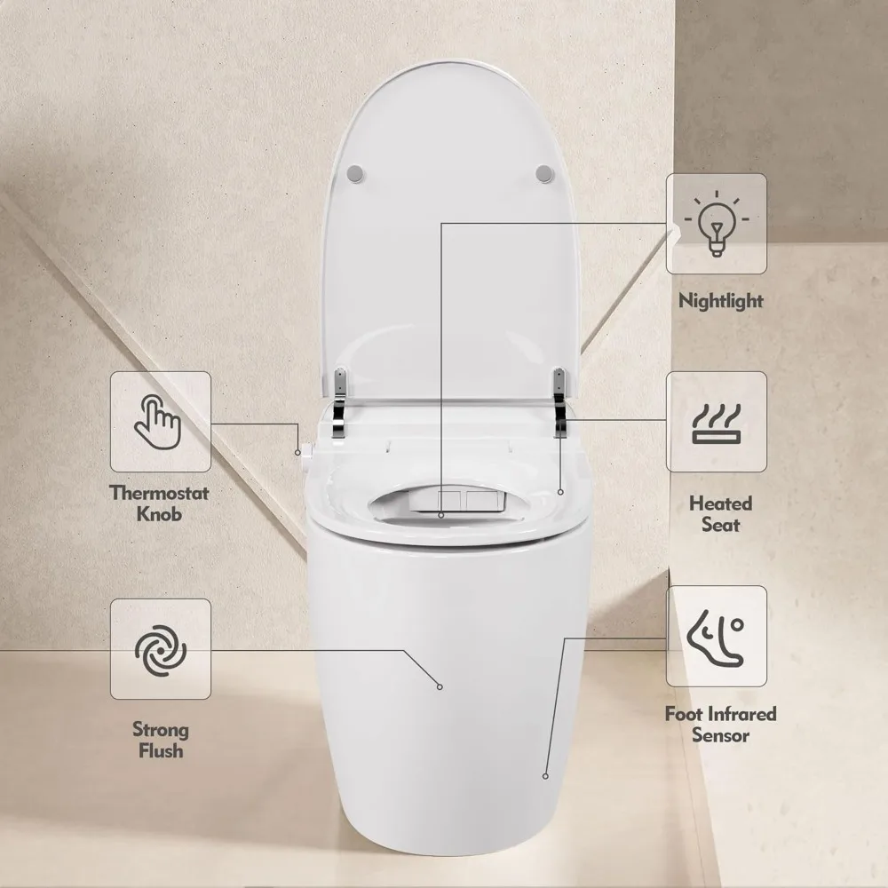 Heated Seat Smart Toilet 1 Piece Toilet Automatic Flush Tank Less Toilet Without Bidet, with Foot Sensor Flush White Night Light 5