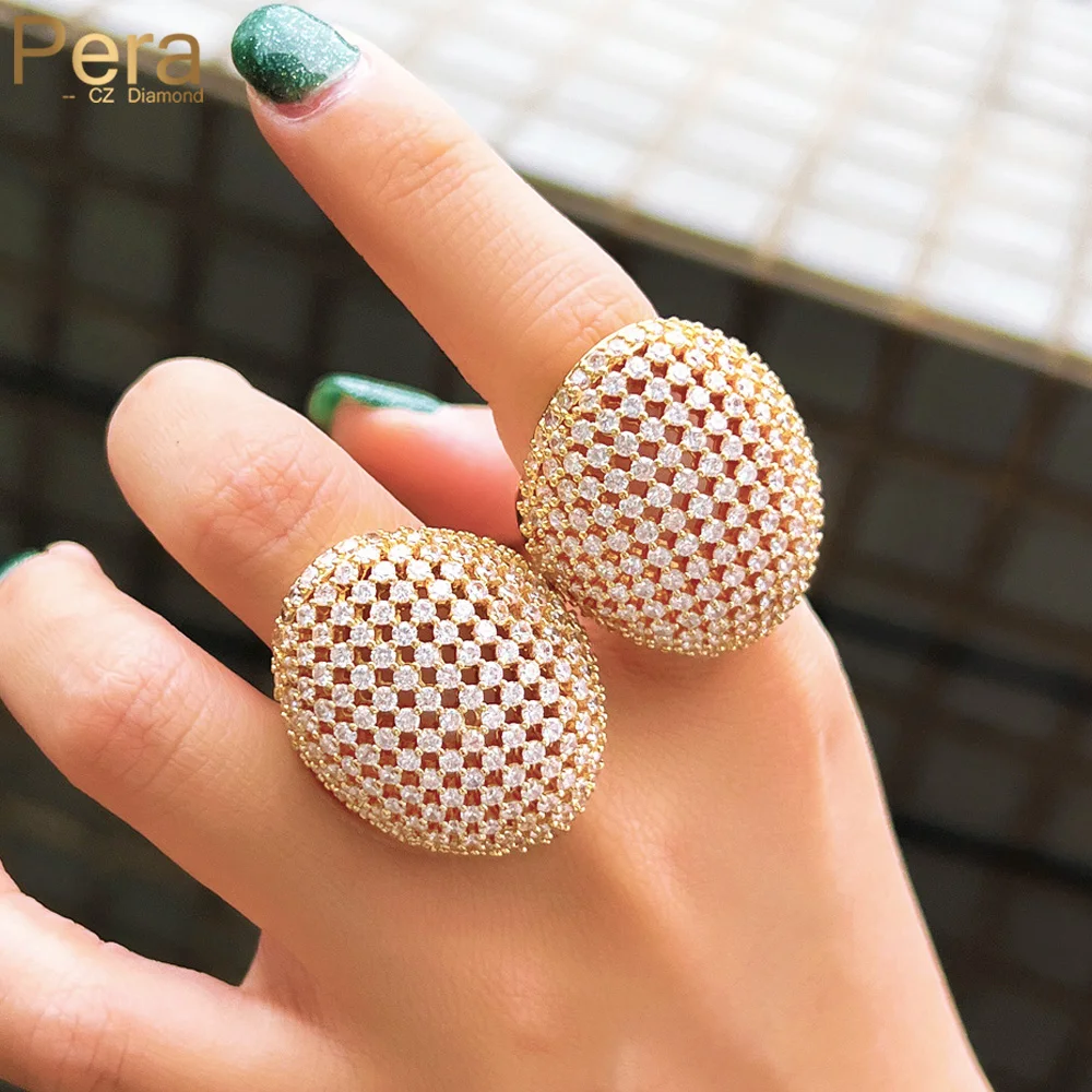

Pera Luxury Gold Color Big Hollow Balls Shape Cubic Zirconia Statement Finger Rings for Women Fashion Banquet Party Jewelry R214
