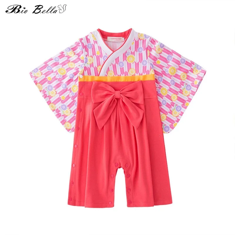 

Baby Girl Japanese-Style Kimono Floral Print Bow Decor Outfits Baby Kimono Robe Cotton Jumpsuit Rompers For Infant One-pieces