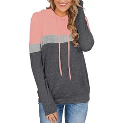 Women's Casual Color Block Hoodies Tops Long Sleeve Drawstring Pullover Sweatshirts with Pocket(S-XXL)