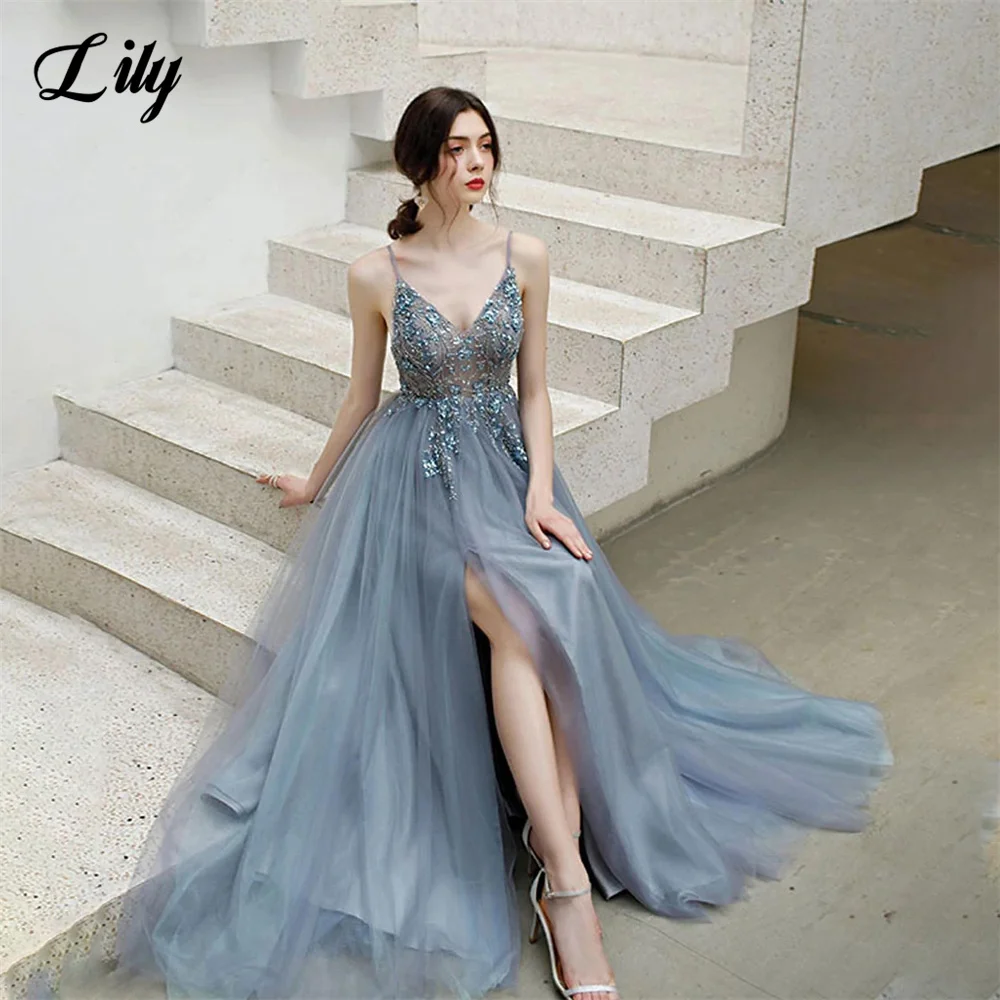

Lily Spaghetti Strap Charming Prom Dress Gown V Neck Appliques Formal Gown Side Split Backless Evening Gown vestidos de noche