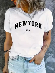 Women T Shirt Cartoon NEW YORK' 'USA Letter Print Crew Neck Loose Top Tee Black T-shirt Female Summer T-shirt 90s Girls Graphic