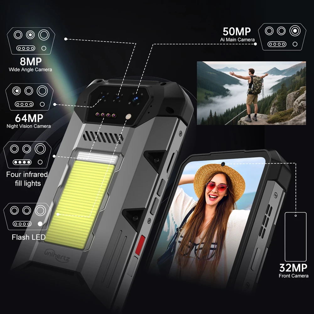 Unihertz 8849 Hike Smartphone Android 14 With 200 Meter Flashlight LED 23800mAh 24GB 512GB Dual Speaker Helio G200 IP68/IP69K 4G
