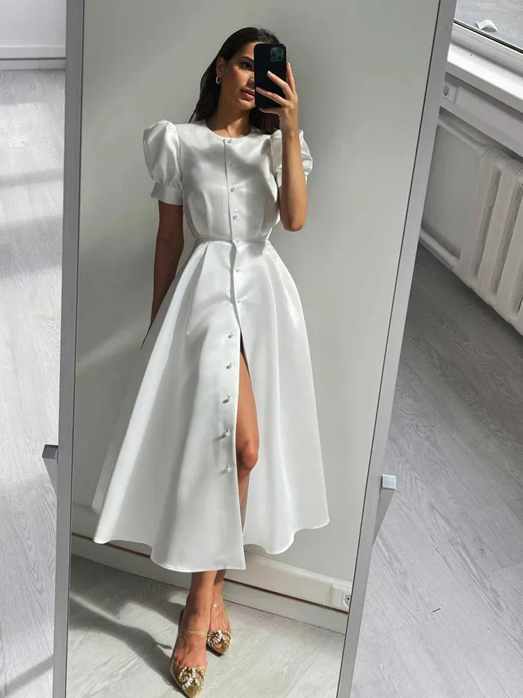 

SKMY Summer Clothes For Women Fashion Solid Color Short Sleeve Round Neck A-Line Pleated Elegant Evening Party New In Dresses