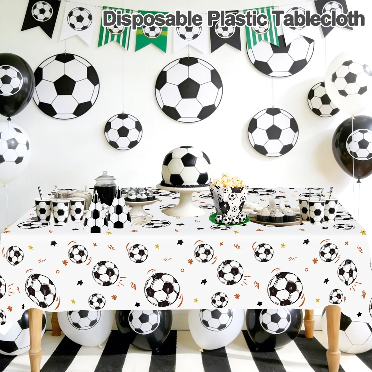 183 x 137 cm Einweg-Tischdecke mit Fußball-Motiv, weißer Hintergrund, Fußball-Tischdecke aus Kunststoff, Dekorationen für die erste Geburtstagsfeier – Detail 6