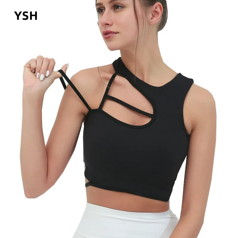 

YUSHUHUA Asymmetrical Shoulder Strap Sports Bra Women Hollow Neck Fitness Yoga Bra Shockproof Running Underwear Gym Workout Tops