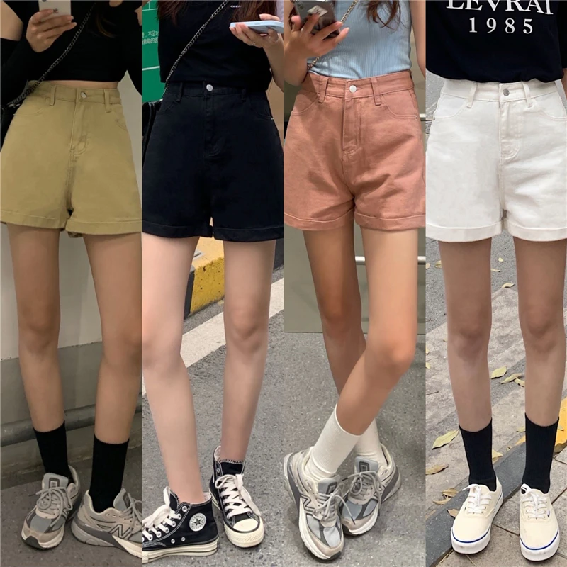 Summer Curled Denim Shorts Hot Pants Women 2021 New Fashion High Waisted Thin Black Wild Wide Leg Shorts Jeans for Female keiki kona shorts