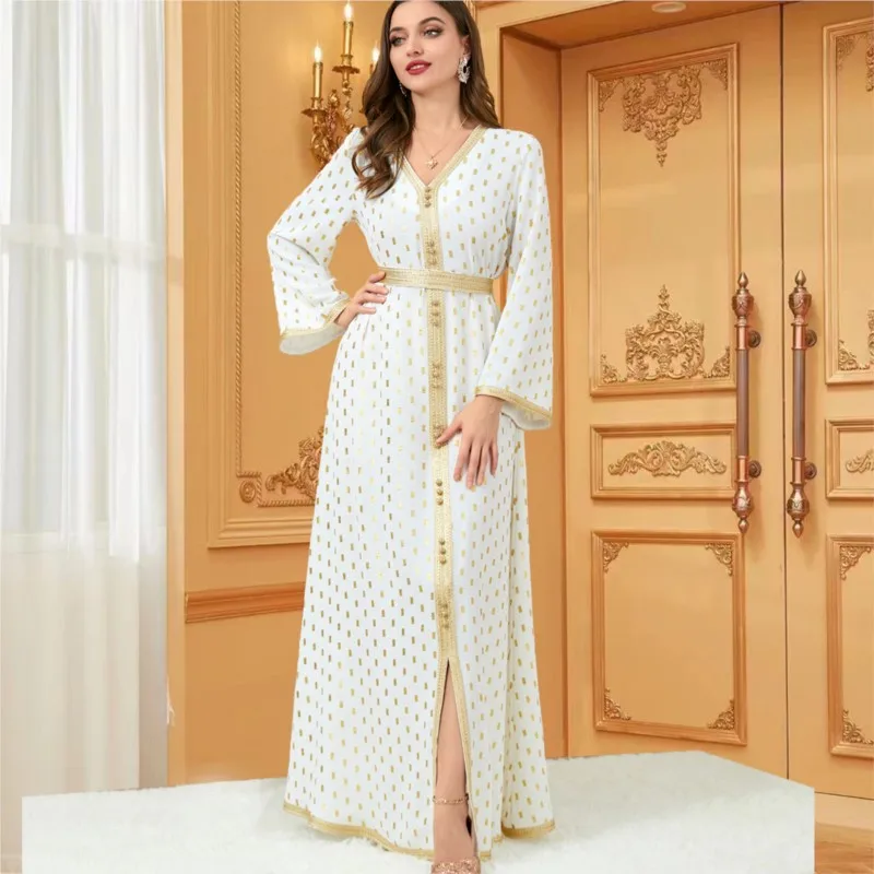 Abayas For Women Dubai 20223 Elegant V-Neck Long Sleeve Ribbon Button Turkey Arabic Oman Moroccan Caftan Muslim Clothes