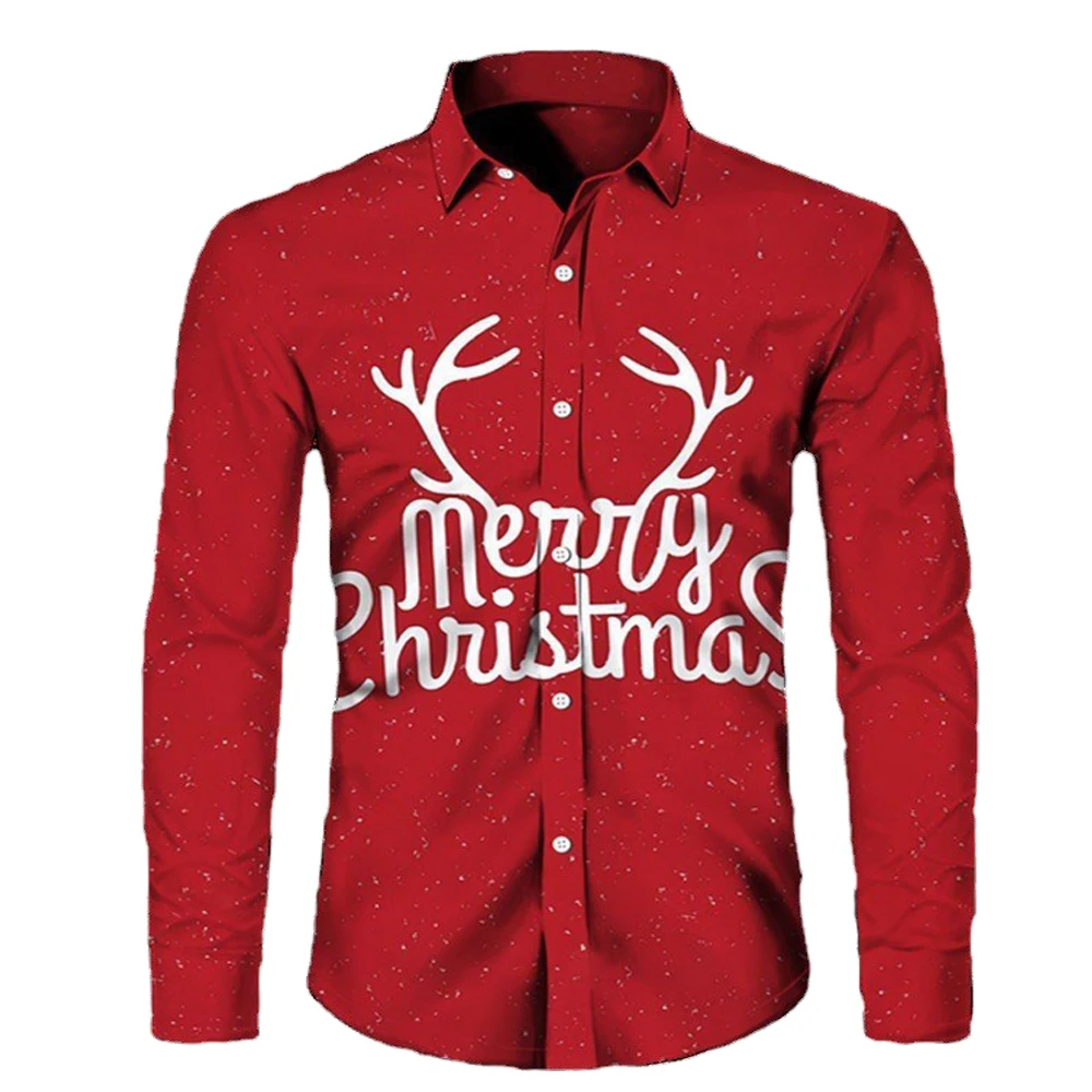 thumbnail image 1 of Camisas navideñas para hombre, camisas de manga larga con botones para fiesta de Papá Noel, camisas de calle para exteriores, camisa elástica de invierno con cuello vuelto, 1 of 4