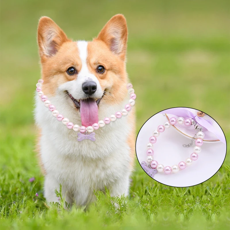 

Pet Dog Pearl Necklace Cute Multiple Colour Bow Buckle Collar Suitable For Pets Clothing Decoration Cat Dogs Accessories