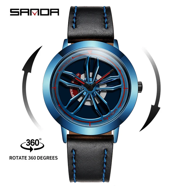 

SANDA P1010 Concept Dial Modeified Car Watch for Men Wheel Hub Rotating Quartz Wristwatch Fashion Sports Male Clock Reloj Hombre