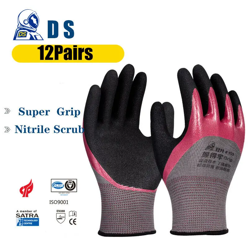 

12 X Pairs Rubber Nitrile Safety Coating Work Gloves Wear-Resistant Gloves
