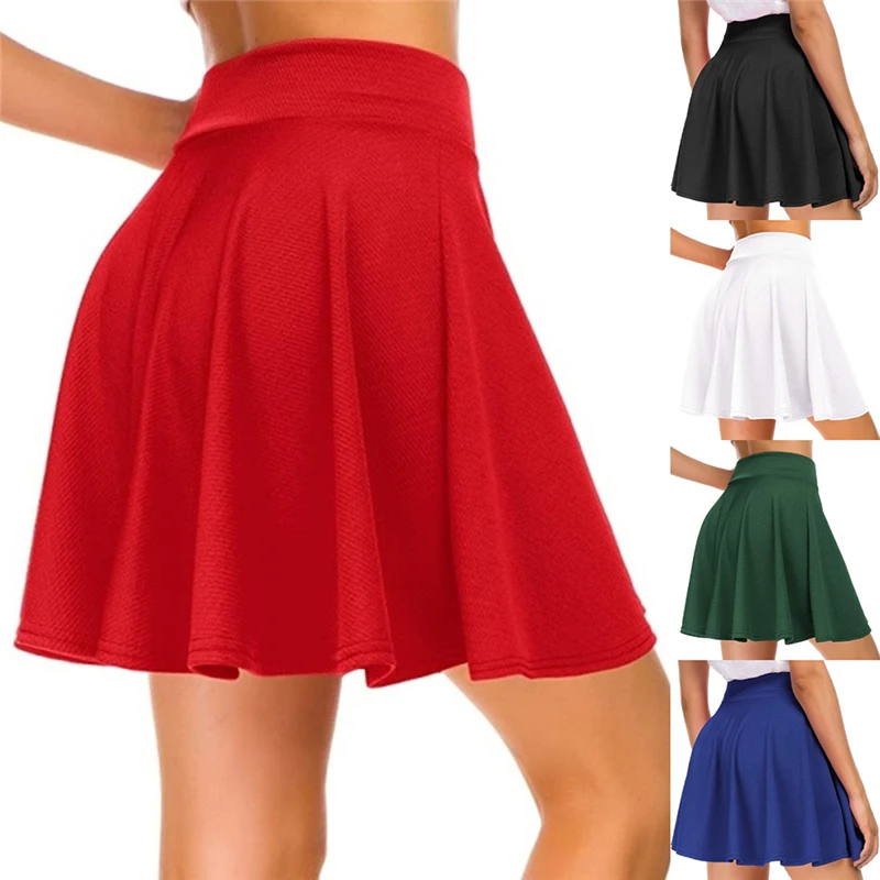 

Women High-Waisted Skirt Basic Black Elastic Waist Textured Flare A Line Mini Skirt Short Minimalist Skirt Female