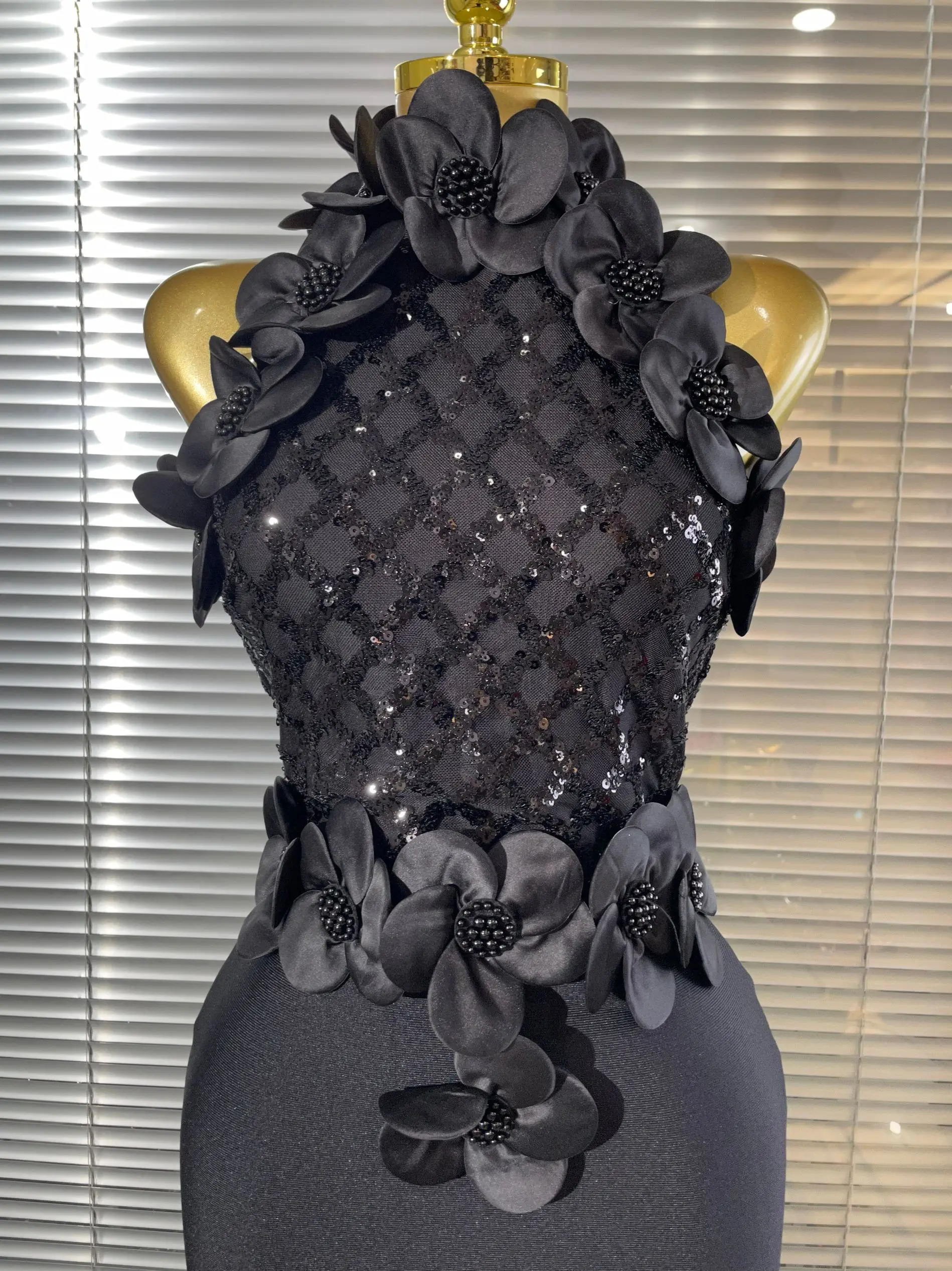 Black Red Women Shining Sequins Florals Sexy O-Neck Bodycon Bandage Long Dress Evening Party Christmas Birthday Outfit