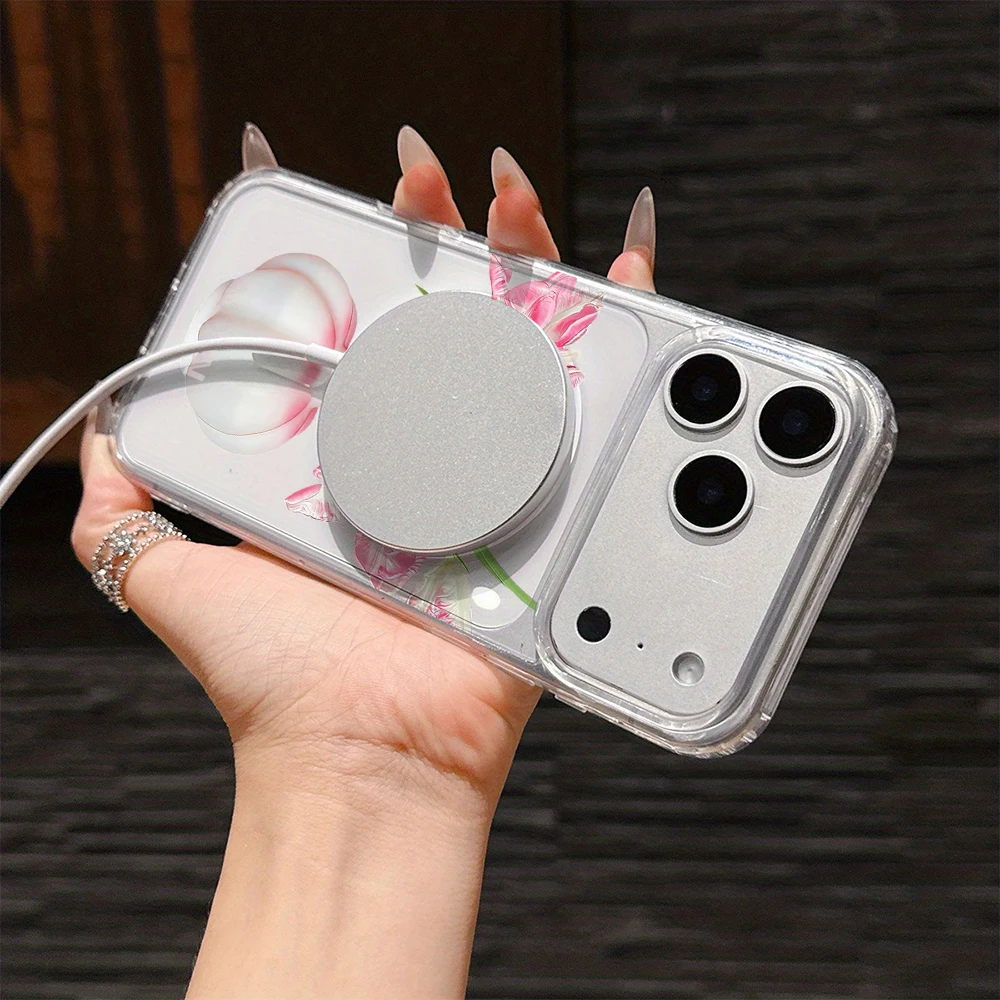 Elegant Pink Tulip Magnetic Transparent Phone Case Cover