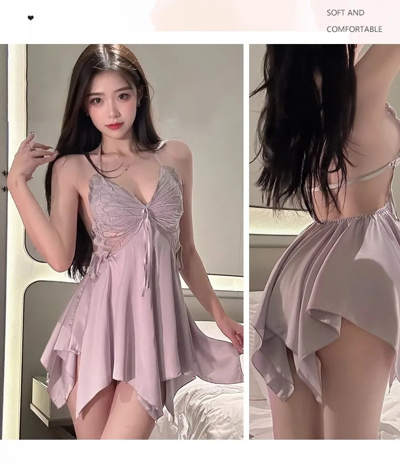 Sexy Nachthemd für Damen, Eisseide mit BH-Pads, heißes Senior-Gefühl des neuen Schmetterlings-Nachthemds, große Sommer-Sexy-Kleider – Detail 23