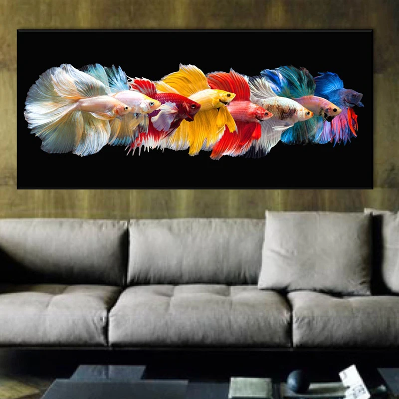 Abstract Art Fish Canvas Painting Wall Art Colorful Betta Fish Rainbow Fish Wall Pictures Poster for Living Room Decor Cuadros
