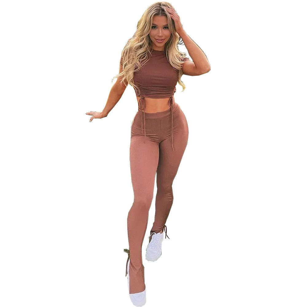 Women Ribbed Yoga Set Short Sleeve Crop Top High Waist Sport Leggings Set Active Wear Gym Suit Workout Clothes For Women