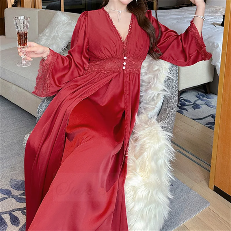 Female Sexy Lace Long Nighty&Robe Set Nightgown Spring Autumn Sleepwear Suspender Nightdress Intimate Lingerie Satin Homewear