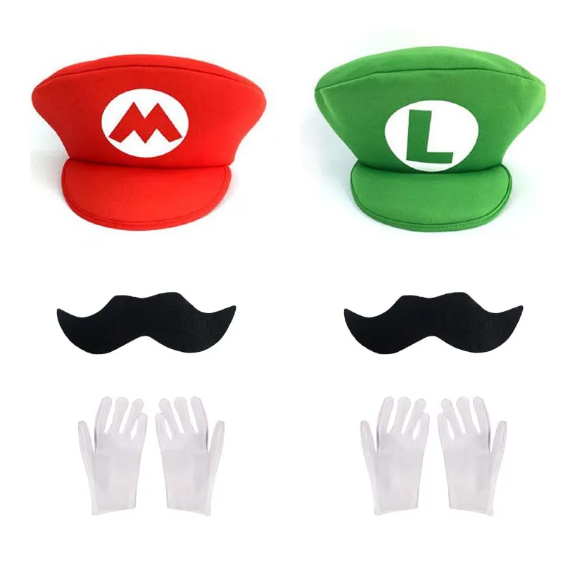 Super Bros Hats Set Mary Luigy Caps Mustaches Gloves for Halloween Christams Cosplay Costumes Matching Accessories Red Green