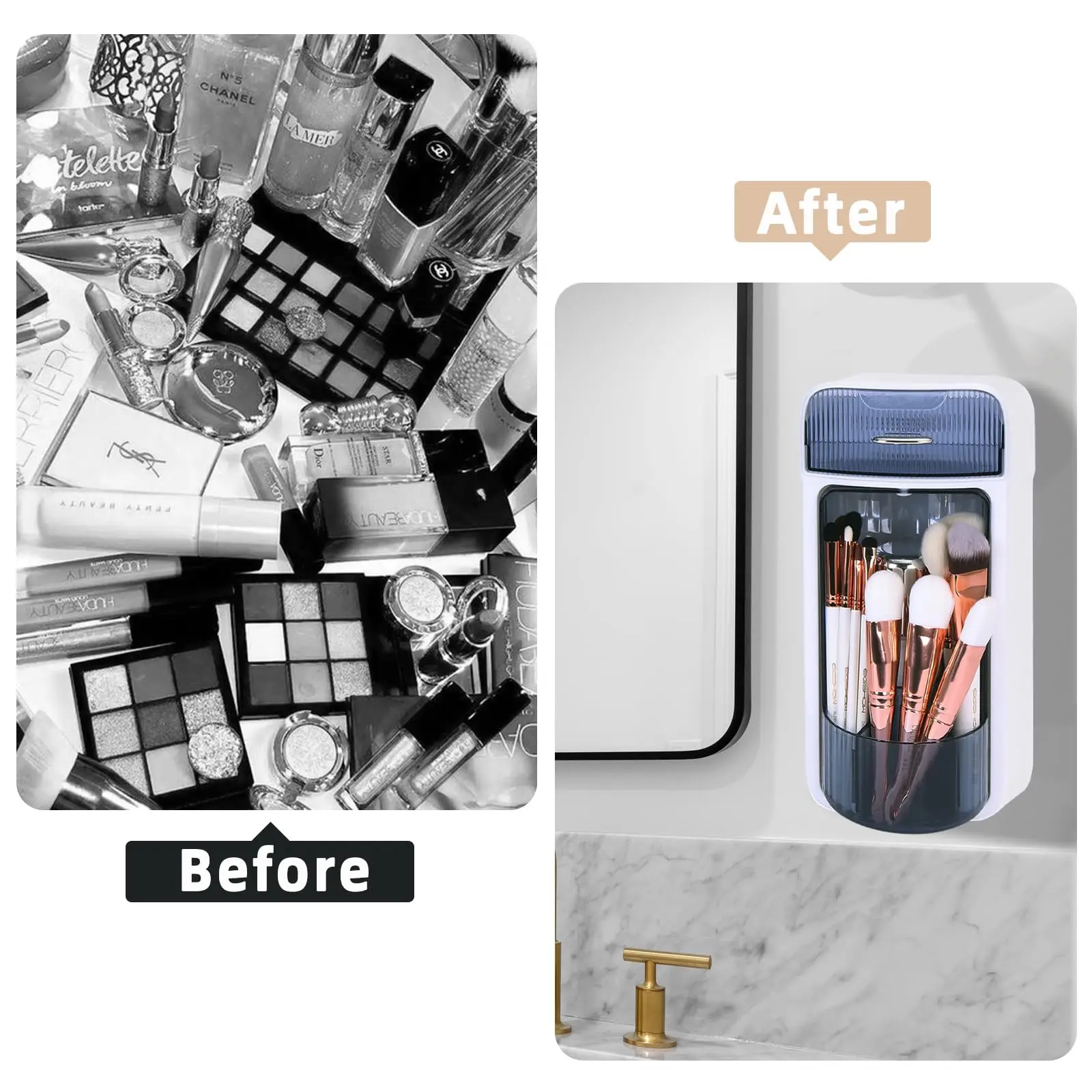 360 Rotation Makeup Brush Organizer, Wall-Mounted Bathroom Counter Organizer with Drawer Storage Box Holder 2