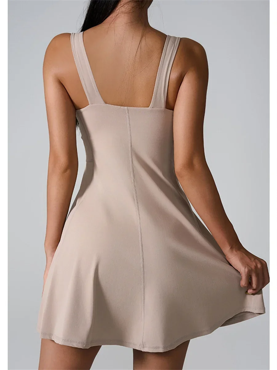 Women Tennis Dress One-Pieces Slim Fit Soft Sports Pocket Skort Yoga Suit Outdoor Sleeveless Fitness Running Pad Fitness Dresses
