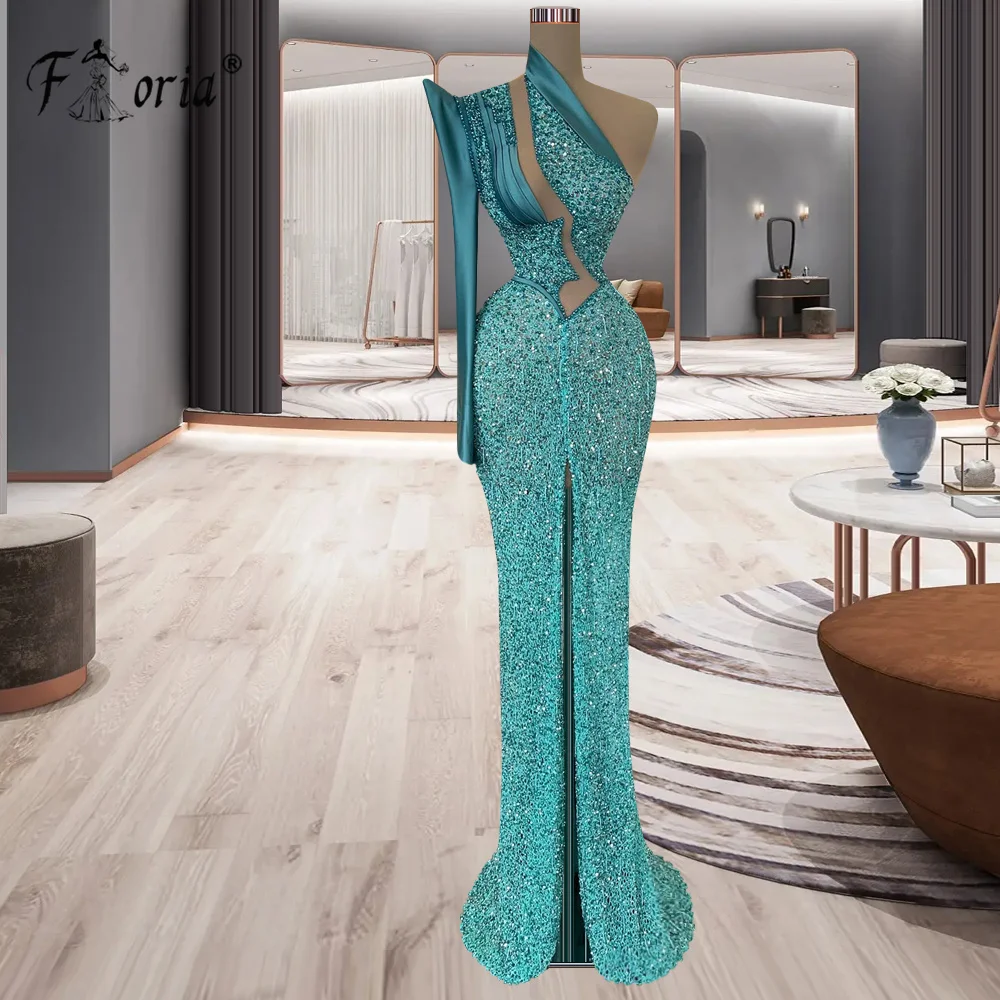 

Arabic One Shoulder Green Evening Dress Beaded Dubai Slit Mermaid Prom Dresses Custom Made Plus Size Vestidos de fiesta 2023