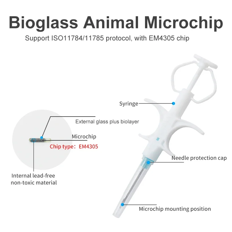 2.12x10mm 100Packs Pet EM4305 Microchip 134.2KHz FDX-B Animal ID Chip Animal Microchip Syringe International Standard