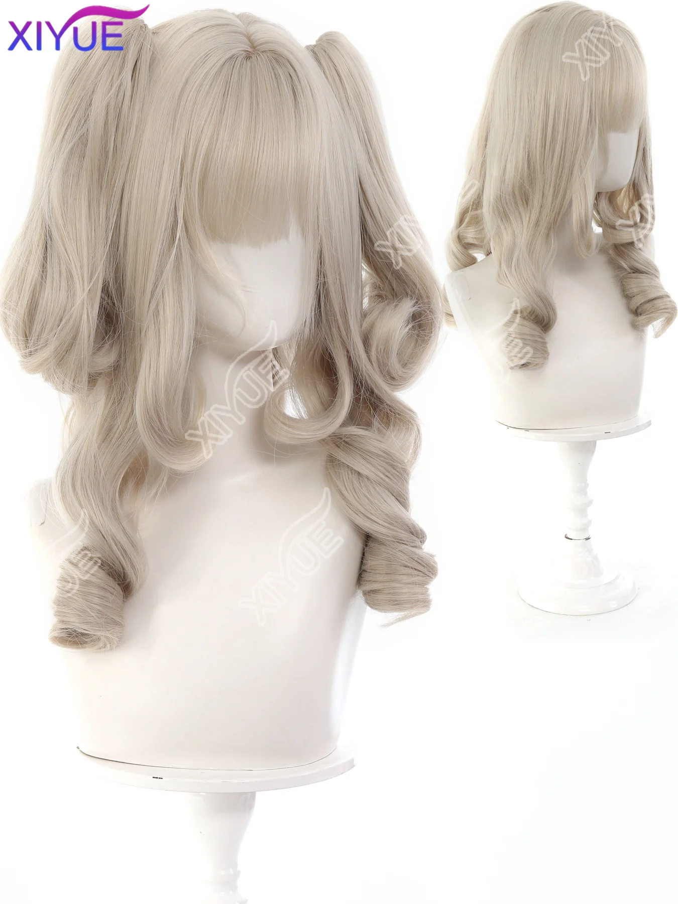 XIYUE Synthetic Long Curly Wavy Lolita Wig with Bangs Double ponytail Wig Girl Cute grey Cosplay Party Halloween Christmas Wig