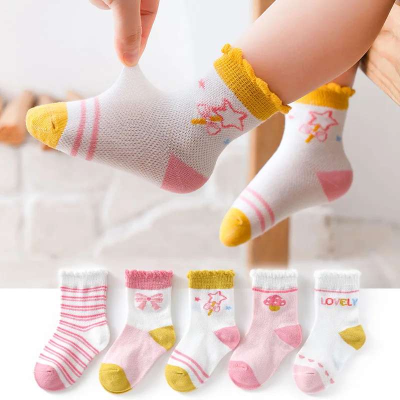 

5 Pairs/Lot Summer Children Cotton Socks Fashion Mesh Cartoon For 2023 Spring New 0-12 Year Kids Teen Student Boy Girl Baby Sock