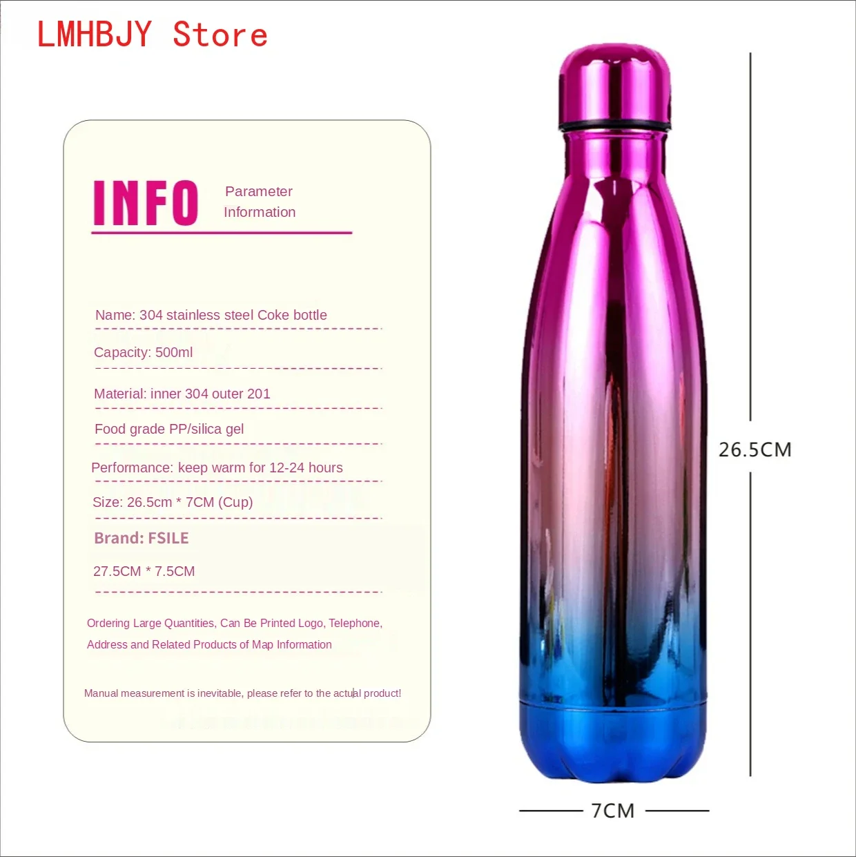 500ml 이중 벽 절연 진공 플라스크 스테인레스 스틸 보온병 콜라 물 맥주 야외 스포츠 물병