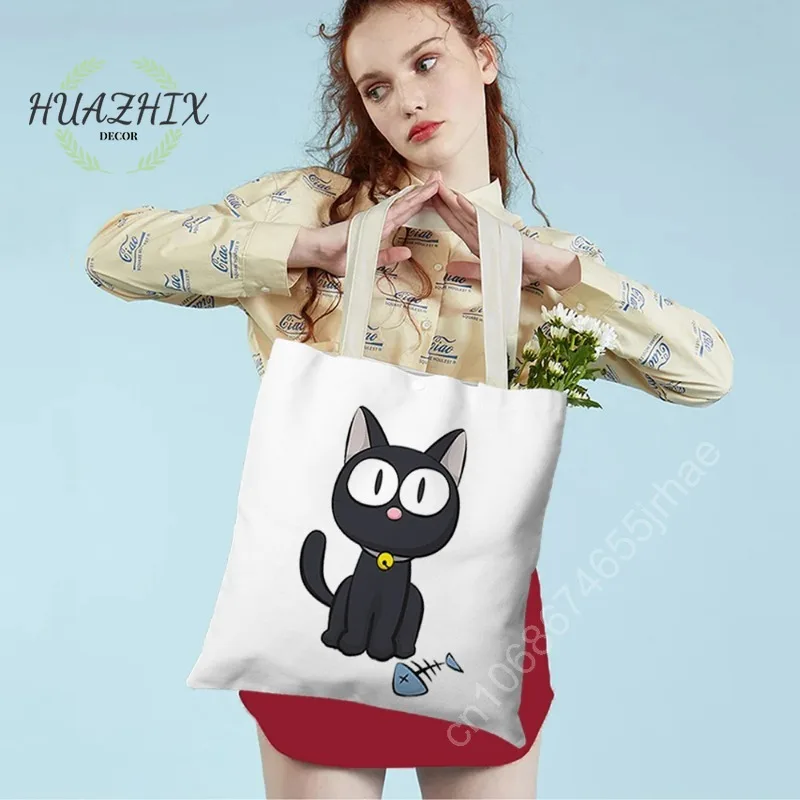 

Kawaii Black Cat Handbag Cute Cats Cartoon Reusable Shopping Bag Totebag Bolsos Shoulder Canvas Tote Bags for Women Girl School