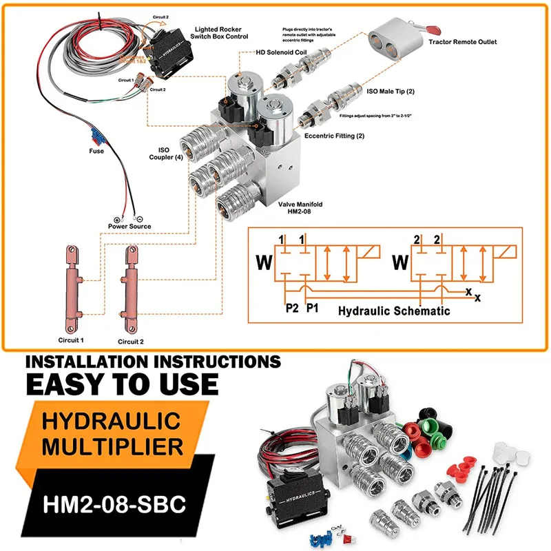 Hydraulic Multiplier 2 Circuit Kit,SCV Splitter/Diverter Manifold Valve Kit with Couplers and Switch Box Control for Ford More