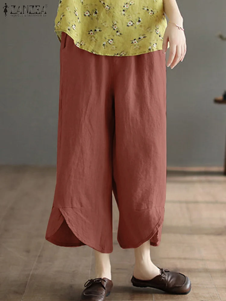 

Women's Cotton Pants Spring Elegant Solid Loose Elastic Waist Trousers ZANZEA Fashion Work Pantalon Vintage Palazzo Oversized