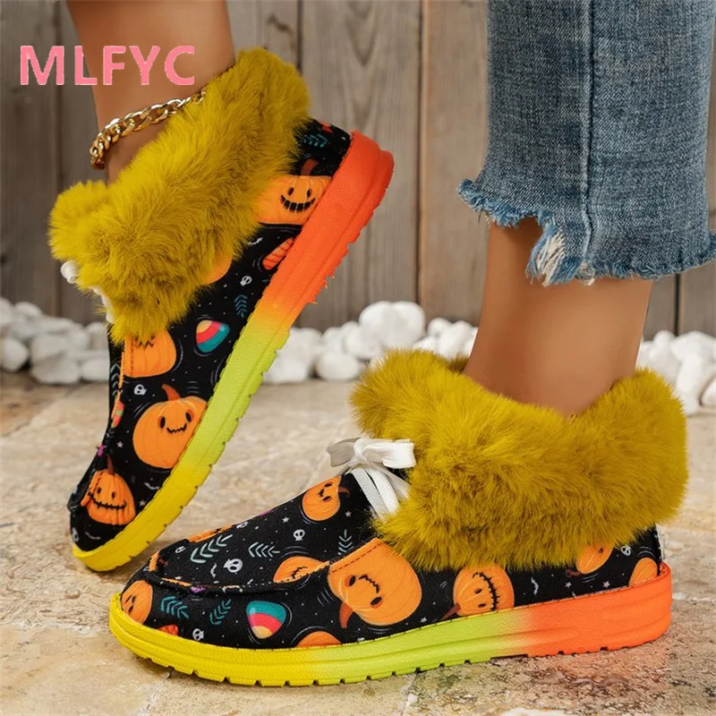 New Thick Sole Printed Low Top Snow Boots for Women Round Head Warm Cotton Boots, Bean Shoes for ladies Plus Cotton Short Boots