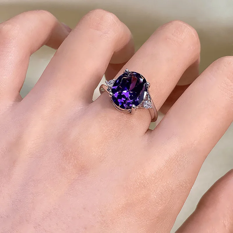 Purple Crystal Oval Engagement Ring Green Zircon Egg Shape Stone Rings For Women Vintage Silver Color Wedding Engagement Jewelry stainless steel ring