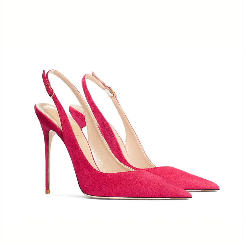 Women Heel Sandal Slingback Pointed Toe Sexy French Style Summer Flock Genuine Leather Side Open Stilettos