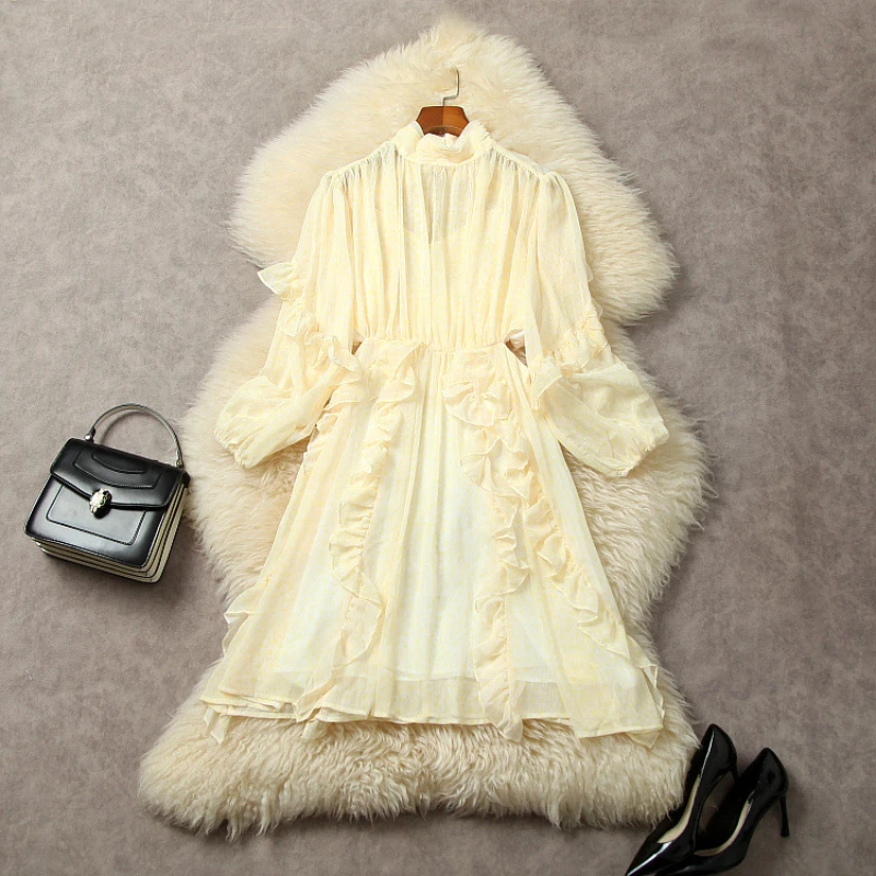 

Chiffon Dress Woman Clothes 2023 Spring Autumn Gentle Cute Stand Collar Long Sleeves Hollow Out Slimming Waist Ruffles A-Line