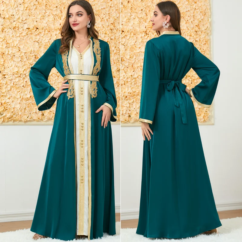 2023 Muslim Abayat Dress Slim Fall Cardigan Straight Skirt Two Piece Set Abayas for Women Dubai Europe and America Muslim Sets