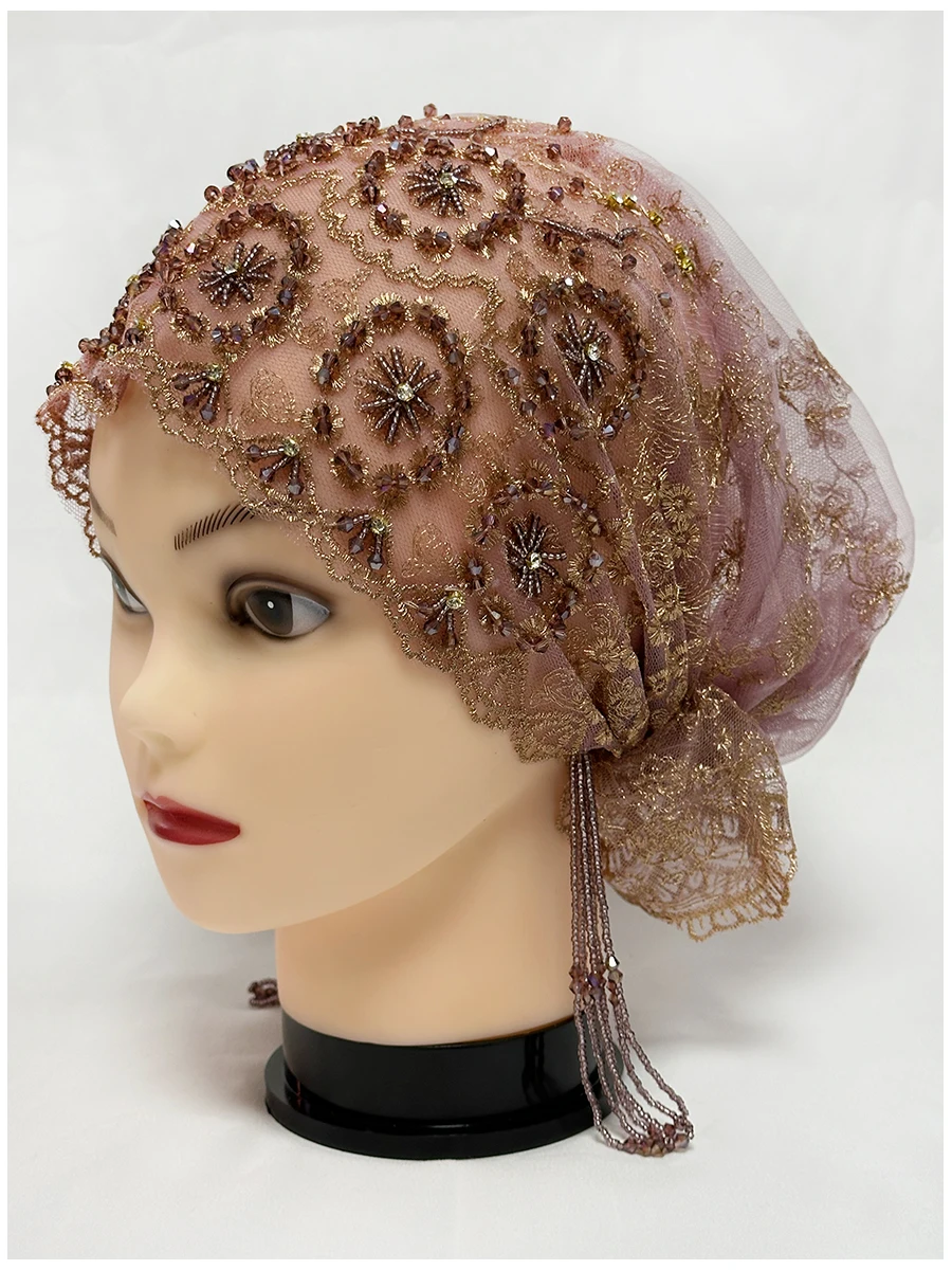 Muslim Headwear Hijab Headscarf Hijab Hats Female Head Wraps Muslim Sets Mesh Fabric Bead Tube Paired with Acrylic Diamond Thread Embroidered Hat for Dubai Arabian Women