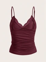 Haut court sexy en dentelle contrastante avec nœud sur le devant pour femme, collection été 2024, style grunge punk Y2K, t-shirt froncé moulant dos nu 2