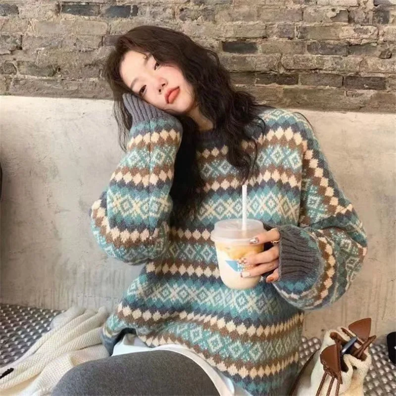 

Winter Knitwear Pullover Sweaters for Women Top Blue Vintage Long Loose Sweats Warm Korea Fashion Kawaii Jumper Y2k Clothes