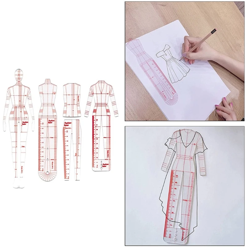 4 Pcs Mannequin Sewing Template Ruler Fashion Sketching Ruler for Dressmaking Tailoring Designing Drawing