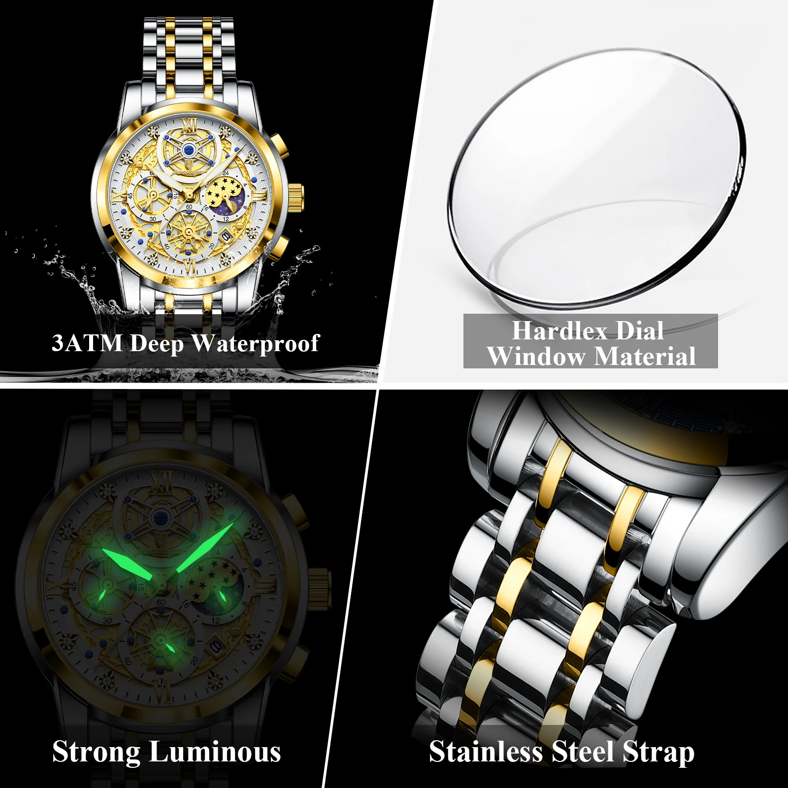Hochwertige Herrenuhr aus Edelstahl, Datumsanzeige, Chronograph, Quarzwerk, wasserdicht, Leuchtzeiger_voghion.com