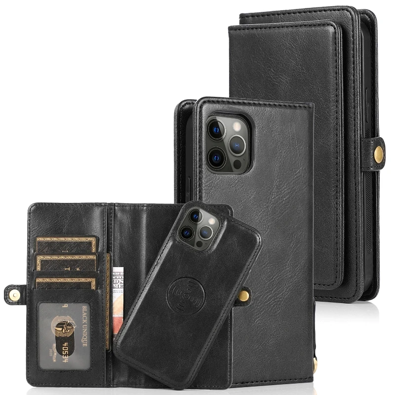 

Removable Wallet Card Phone Case For iPhone 15 14 Plus 13 12 11 Pro X XS Max XR 6 7 8 Plus SE Magnetic Flip Phone Cover