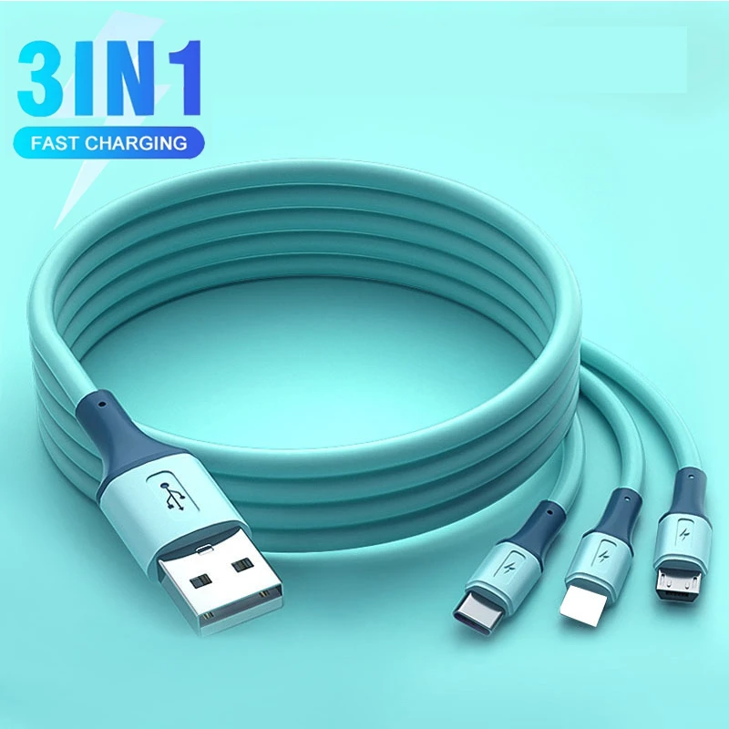 android phone charger cord 3 in 1 Multi Charger Cable For iPhone Samsung Xiaomi Huawei Liquid Silicone Universal Multiple Ports Devices USB Charging Cord types of mobile charger