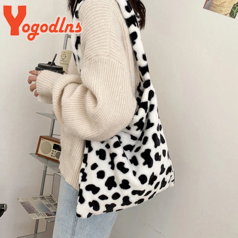 Winter New Plush Shoulder Bag Female Animal Pattern Crossbody Bag Warm Wool Messenger Bag Large Capacity Bucket Handbag