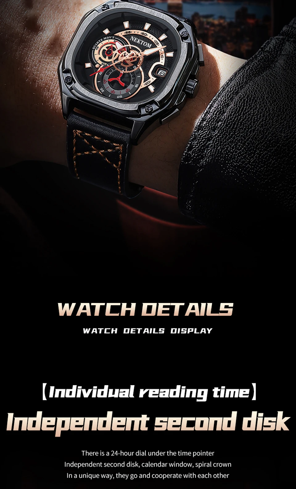 NEKTOM 2022 Luxury Square Polit Quartz  Man Watch Waterproof Leather Strap Sport Watch Fashion Waterproof Quartz Wristwatch