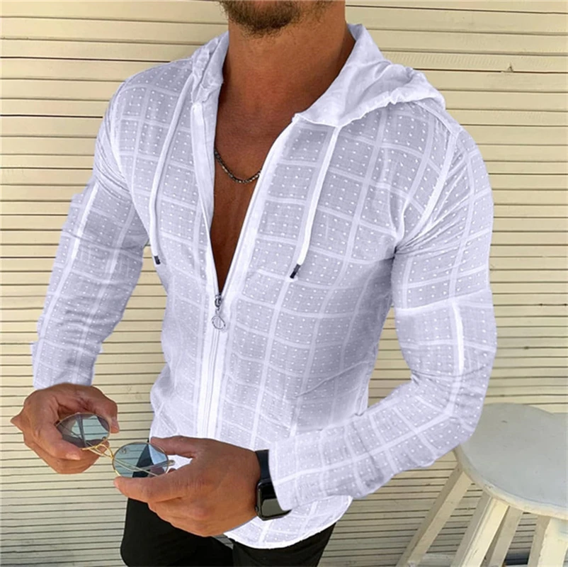 

New Men Shirts Hooded T-shirt Solid Color Summer Long/Short Sleeve Tops Casual Zipper Plaid Thin Beach Shirts Camisa Masculina