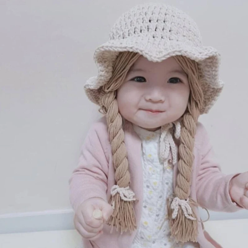2-4 Years Old Children Girls Fashion Knitted Hat Cute Wig Big Braid Baby Girls Winter Thermal Princess Hats 4